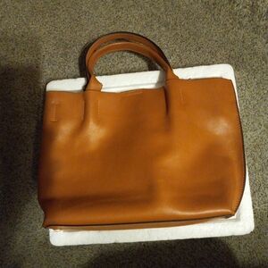 Colab Leather Purse Tan Cognac Brown Handbag Shoulder Bag No Strap Leopard Insid